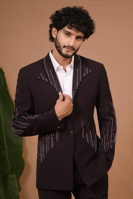 Buy_Ahi Clothing X AZA_Purple Beads Dark Coat And Pant Set 