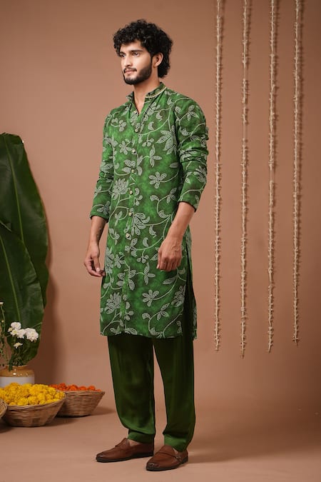 Ahi Clothing X AZA_Green Georgette, Silk Satin, Shantoon Embroidery Bandhani Kurta And Salwar Set _Online_at_Aza_Fashions