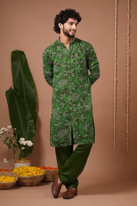 Buy_Ahi Clothing X AZA_Green Georgette, Silk Satin, Shantoon Embroidery Bandhani Kurta And Salwar Set _Online_at_Aza_Fashions