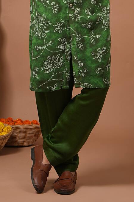 Shop_Ahi Clothing X AZA_Green Georgette, Silk Satin, Shantoon Embroidery Bandhani Kurta And Salwar Set _Online_at_Aza_Fashions