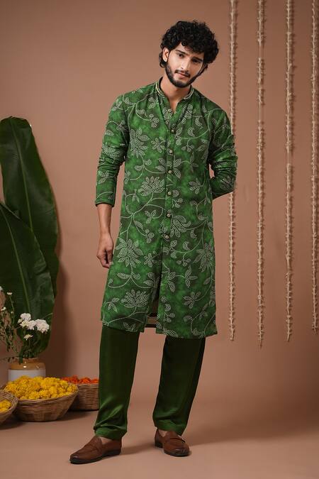 Ahi Clothing X AZA_Green Georgette, Silk Satin, Shantoon Embroidery Bandhani Kurta And Salwar Set _at_Aza_Fashions