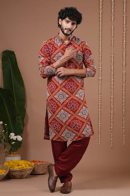 Ahi Clothing Red Georgette, Silk Satin, Shantoon Mirrors, Bandhani Kurta And Salwar Set 