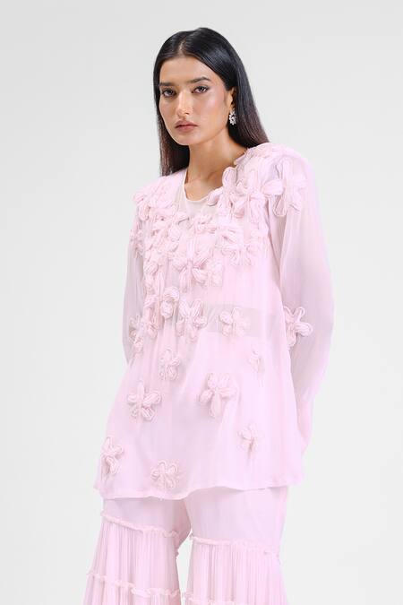 Maison 9002_Pink Georgette Embroidery Round Neck Zia Amoeba Flower Work Kurta Gharara Set _Online_at_Aza_Fashions