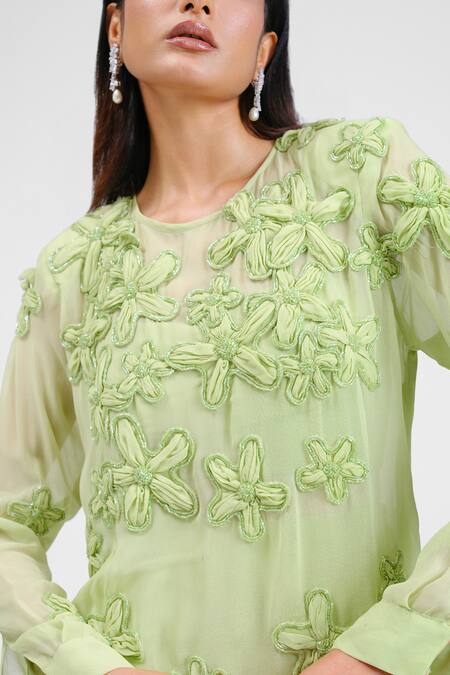 Maison 9002_Lime Georgette Embroidery Round Neck Zia Amoeba Flower Work Kurta Gharara Set _Online_at_Aza_Fashions