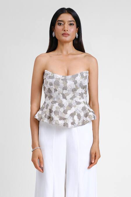 Maison 9002_White Georgette Embroidery, Sequins Bandeau Layla Grass Corset With Sharara _Online_at_Aza_Fashions