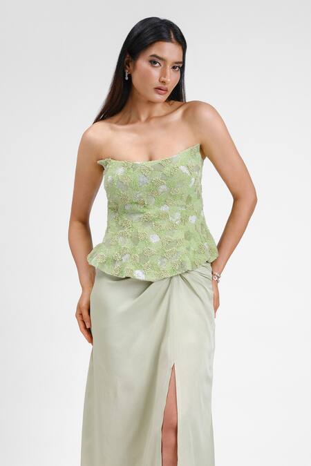 Maison 9002_Green Satin Embroidery Bandeau Neck Layla Grass Corset Skirt Set _Online_at_Aza_Fashions