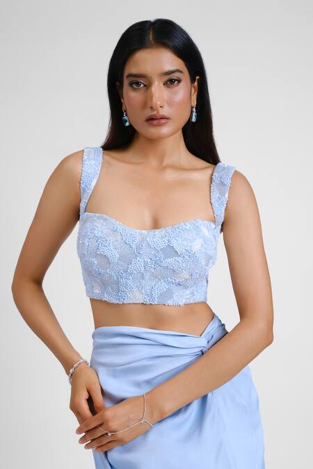 Maison 9002_Blue Satin Embroidery Sweetheart Neck Sophia Grass Bustier And Skirt Set _Online_at_Aza_Fashions