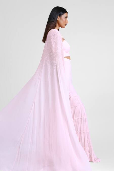 Maison 9002_Pink Georgette Sweetheart , Open Riley Hand Work Cape Gharara Set _Online_at_Aza_Fashions