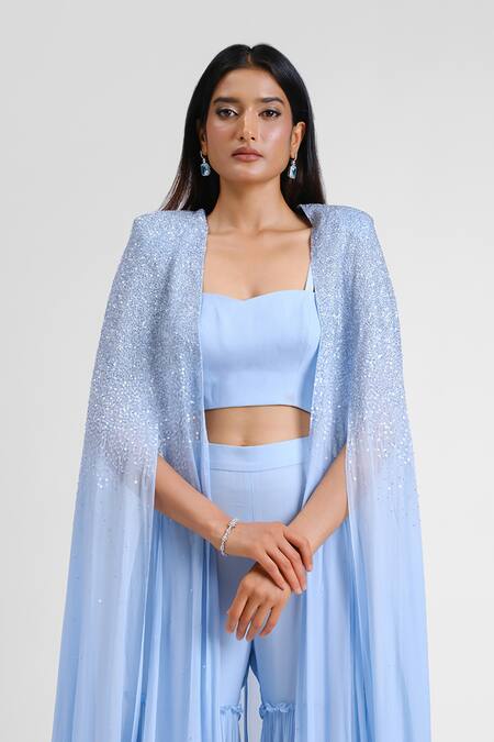 Maison 9002_Blue Georgette Sweetheart Neck, Open Riley Hand Embroidered Cape Gharara Set _Online_at_Aza_Fashions