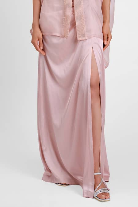 Maison 9002_Pink Organza Embroidery Open Neck Cape Skirt Set _Online_at_Aza_Fashions