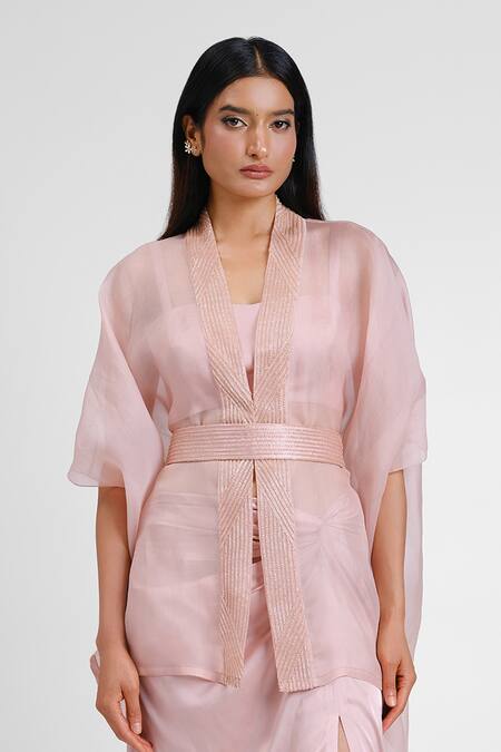 Buy_Maison 9002_Pink Organza Embroidery Open Neck Cape Skirt Set _Online_at_Aza_Fashions