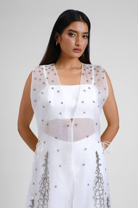 Maison 9002_White Organza Beads Open Neck Work Jacket And Pant Set _Online_at_Aza_Fashions