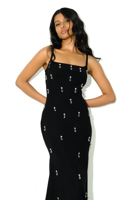 Maison 9002_Black Crystals Square Neck Perez Embellished Dress _Online_at_Aza_Fashions