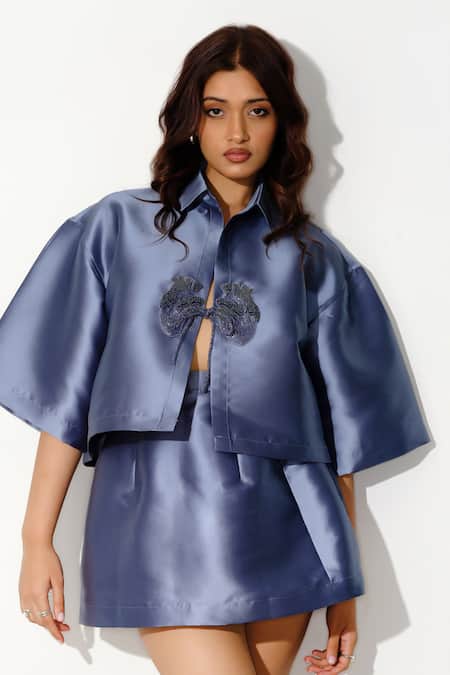 Maison 9002_Blue Satin Embroidery Collared Lewis Tie-up Bow Top And Skirt Set _Online_at_Aza_Fashions