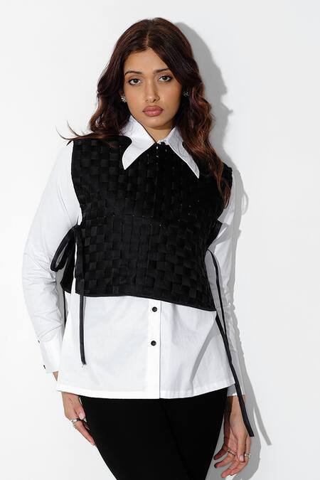 Buy Maison 9002 White Organza Round Neck, Collared Bottas Checkered Top Pant Set Online at Aza Fashions Buy_Maison 9002_White Organza Round Neck, Collared Bottas Checkered Top Pant Set _Online_at_Aza_Fashions