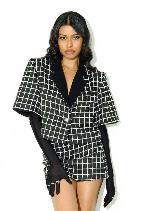 Buy_Maison 9002_Black Embroidery Hamilton Checkered Blazer And Skirt Set _Online_at_Aza_Fashions