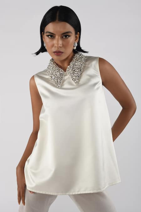 Maison 9002 Bri Crystals Hand Work Collar Top 
