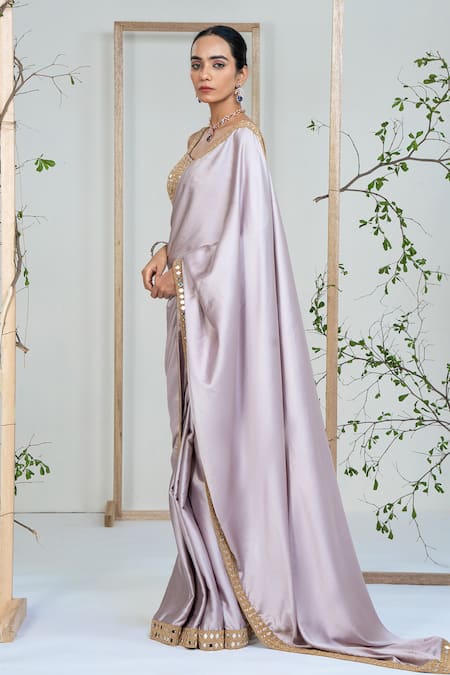 Buy_Ellemora Fashions_Purple Satin Mirrors, Embroidery Scoop Neck Lilac Lustre Saree With Blouse _Online_at_Aza_Fashions