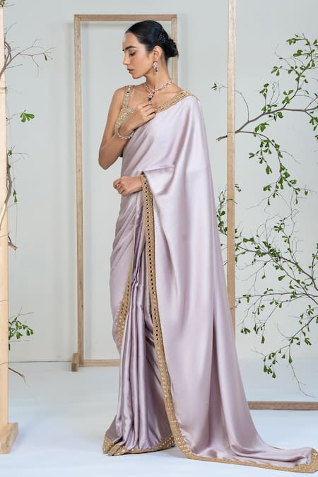 Shop_Ellemora Fashions_Purple Satin Mirrors, Embroidery Scoop Neck Lilac Lustre Saree With Blouse _Online_at_Aza_Fashions