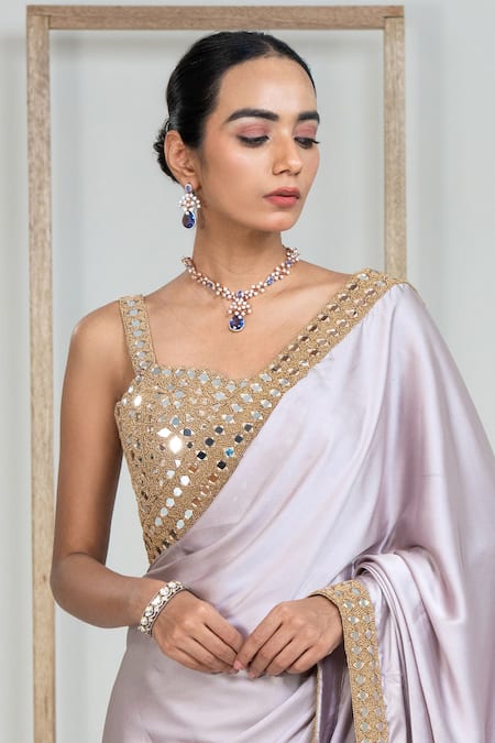 Ellemora Fashions_Purple Satin Mirrors, Embroidery Scoop Neck Lilac Lustre Saree With Blouse _at_Aza_Fashions