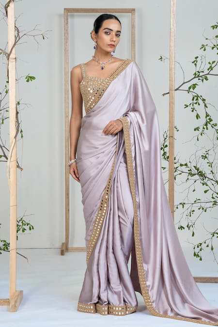 Ellemora Fashions Purple Satin Mirrors, Embroidery Scoop Neck Lilac Lustre Saree With Blouse 