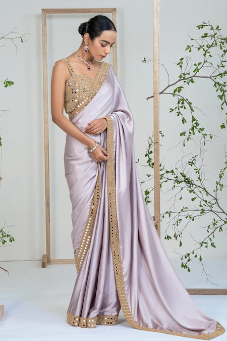 Buy_Ellemora Fashions_Purple Satin Mirrors, Embroidery Scoop Neck Lilac Lustre Saree With Blouse 