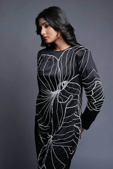 Shop_Ellemora Fashions_Black Satin Embroidery Round Neck Abstract Dress _Online_at_Aza_Fashions