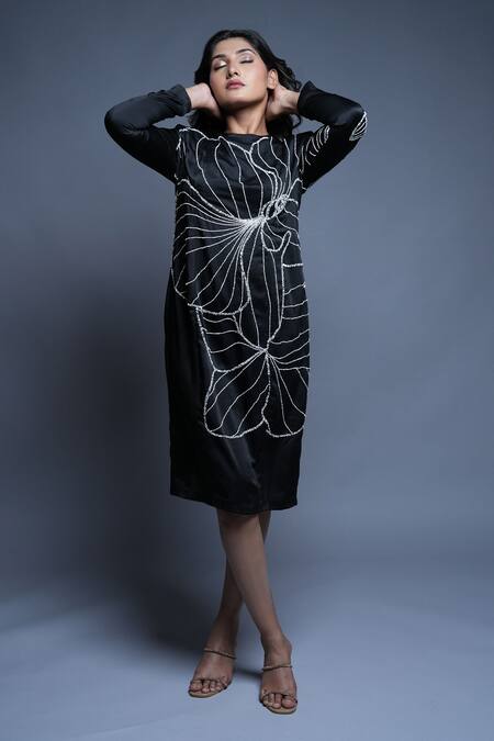 Ellemora Fashions_Black Satin Embroidery Round Neck Abstract Dress _at_Aza_Fashions