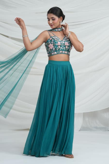 Ellemora Fashions Teal Georgette Embroidery Halter Neck Blouse And Palazzo Set 