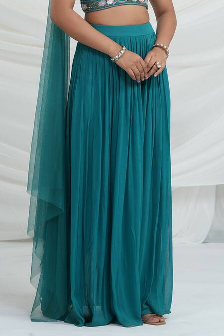 Buy_Ellemora Fashions_Teal Georgette Embroidery Halter Neck Blouse And Palazzo Set _Online_at_Aza_Fashions