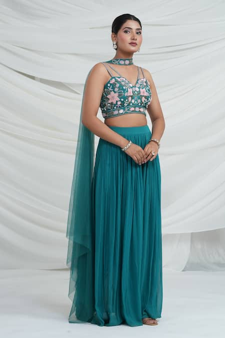 Shop_Ellemora Fashions_Teal Georgette Embroidery Halter Neck Blouse And Palazzo Set _Online_at_Aza_Fashions