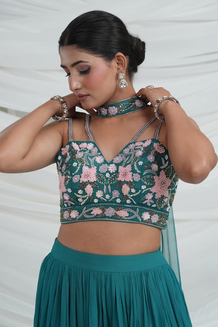Ellemora Fashions_Teal Georgette Embroidery Halter Neck Blouse And Palazzo Set _at_Aza_Fashions