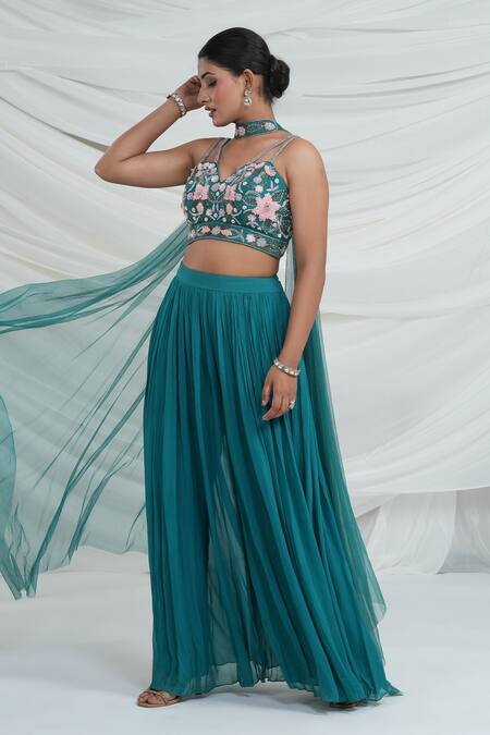 Buy_Ellemora Fashions_Teal Georgette Embroidery Halter Neck Blouse And Palazzo Set 