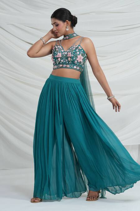Shop_Ellemora Fashions_Teal Georgette Embroidery Halter Neck Blouse And Palazzo Set 