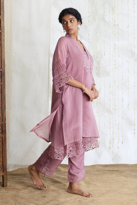 Banera_Purple Chanderi Embroidery, Lace Split V-neck Kurta, Pant And Dupatta Set _at_Aza_Fashions