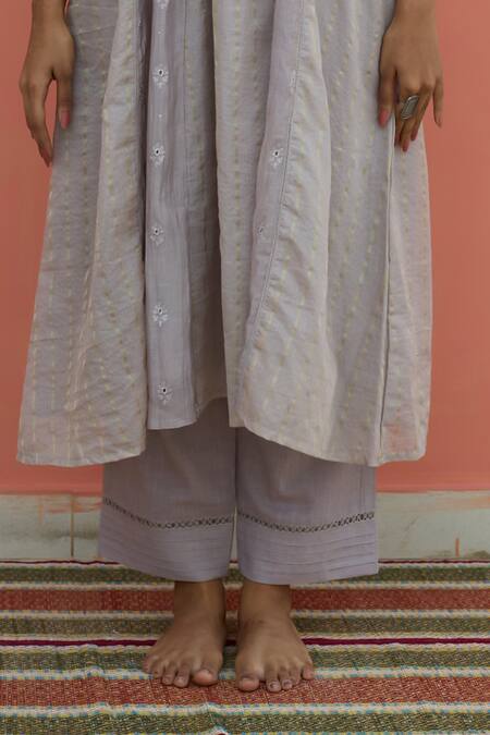 Shop_Banera_Gray Chanderi Embroidery, Lace, Zari V-neck Striper Kurta Set _Online_at_Aza_Fashions