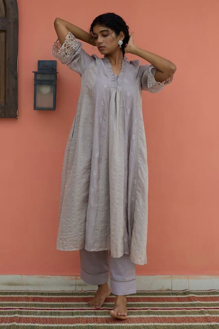Banera Gray Chanderi Embroidery, Lace, Zari V-neck Striper Kurta Set 