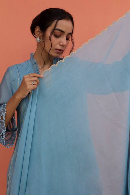 Banera_Blue Chanderi Embroidery, Zari, Lace Split V-neck Striper Kurta Set _Online_at_Aza_Fashions