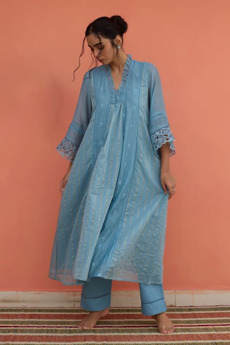 Banera Blue Chanderi Embroidery, Zari, Lace Split V-neck Striper Kurta Set 