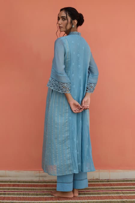 Shop_Banera_Blue Chanderi Embroidery, Zari, Lace Split V-neck Striper Kurta Set _Online_at_Aza_Fashions