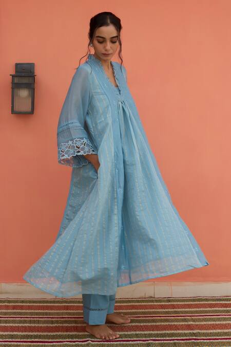 Buy_Banera_Blue Chanderi Embroidery, Zari, Lace Split V-neck Striper Kurta Set 