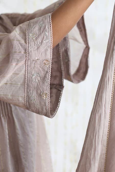 Banera_Gray Chanderi Embroidery Round Neck Zari Striper Kurta Set With Dupatta _Online_at_Aza_Fashions