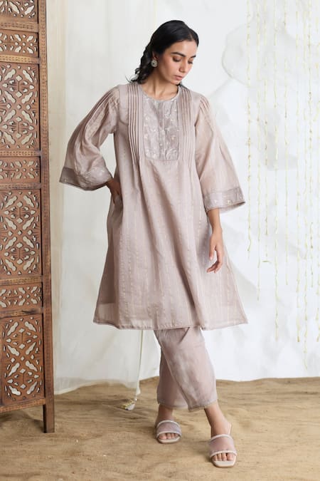 Shop_Banera_Gray Chanderi Embroidery Round Neck Zari Striper Kurta Set With Dupatta _Online_at_Aza_Fashions