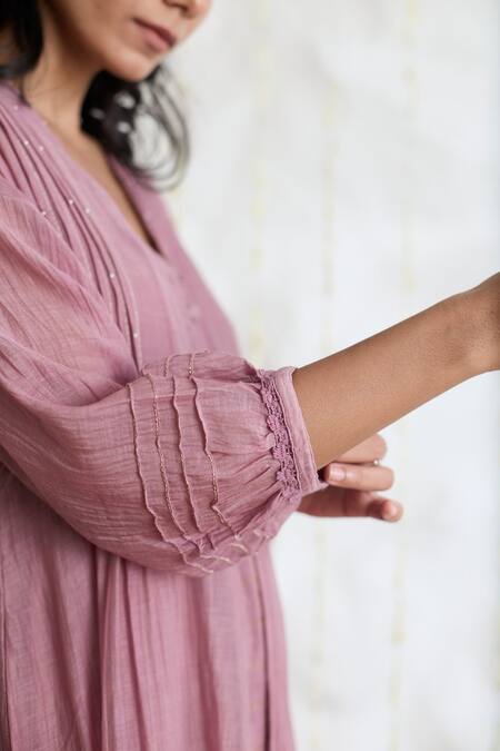 Banera_Purple Chanderi Embroidery V-neck Tiered Dress And Jacket _Online_at_Aza_Fashions