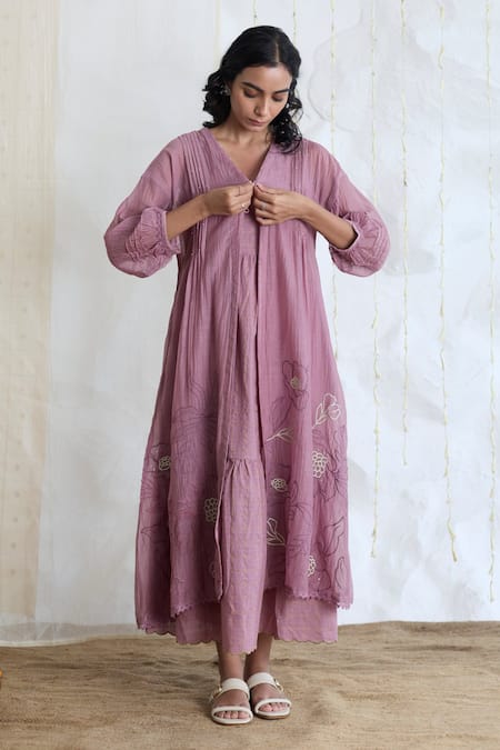 Banera Purple Chanderi Embroidery V-neck Tiered Dress And Jacket 