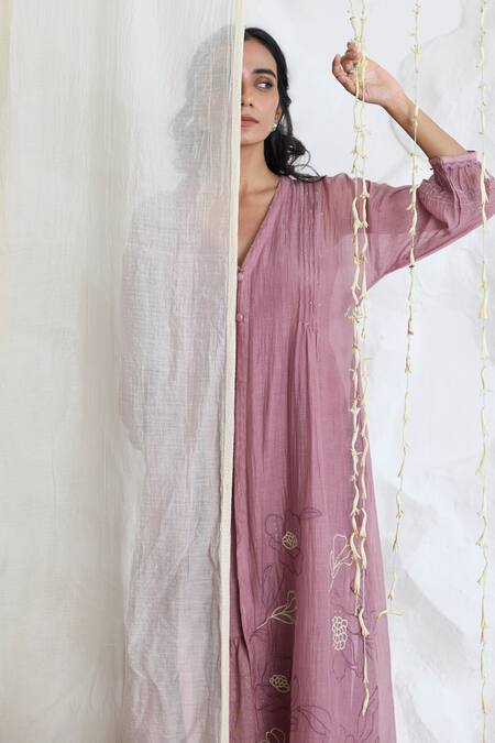 Shop_Banera_Purple Chanderi Embroidery V-neck Tiered Dress And Jacket _Online_at_Aza_Fashions
