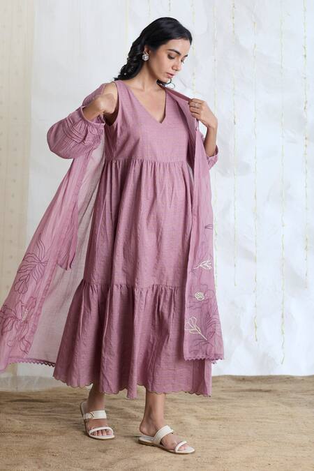 Banera_Purple Chanderi Embroidery V-neck Tiered Dress And Jacket _at_Aza_Fashions