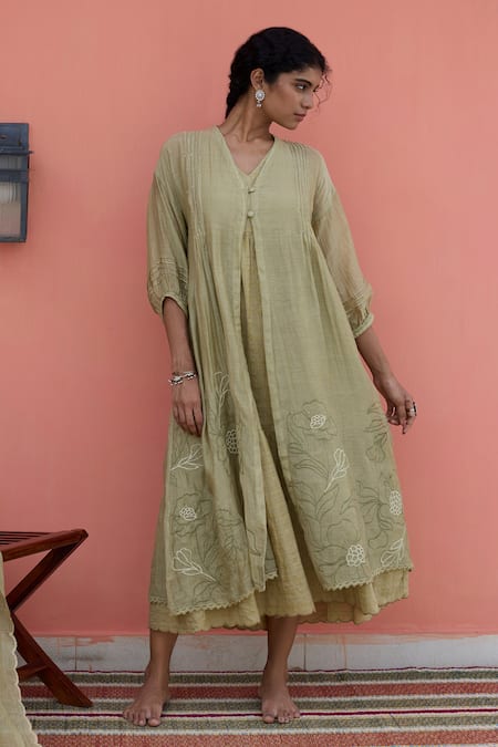 Banera Olive Green Chanderi Embroidery V-neck Jacket And Inner Dress 