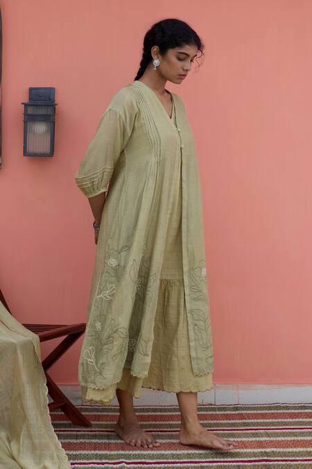 Banera_Olive Green Chanderi Embroidery V-neck Jacket And Inner Dress _Online_at_Aza_Fashions
