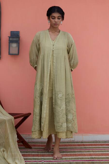 Buy_Banera_Olive Green Chanderi Embroidery V-neck Jacket And Inner Dress _Online_at_Aza_Fashions